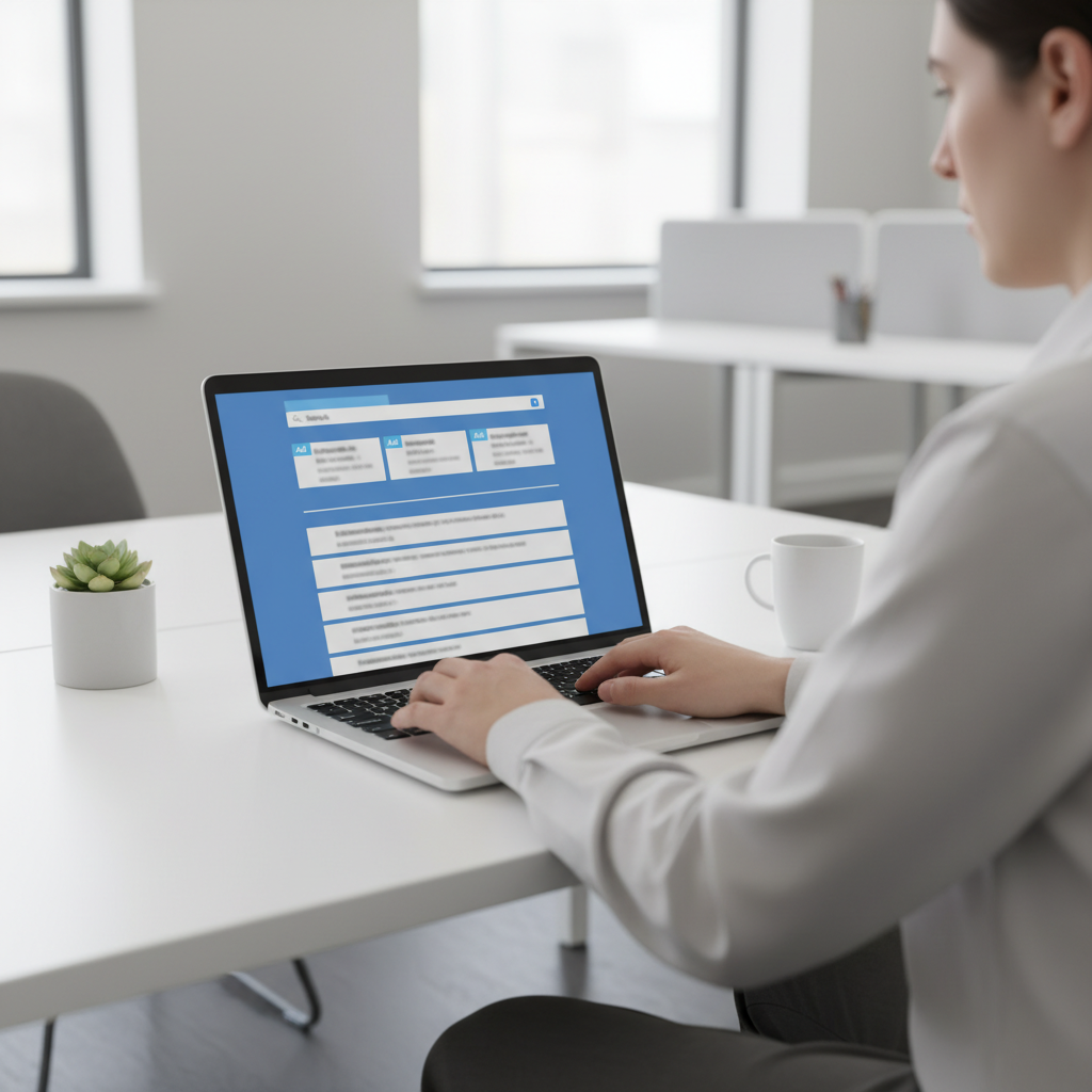 Laptop showing a generic search results page with ad listings above organic results