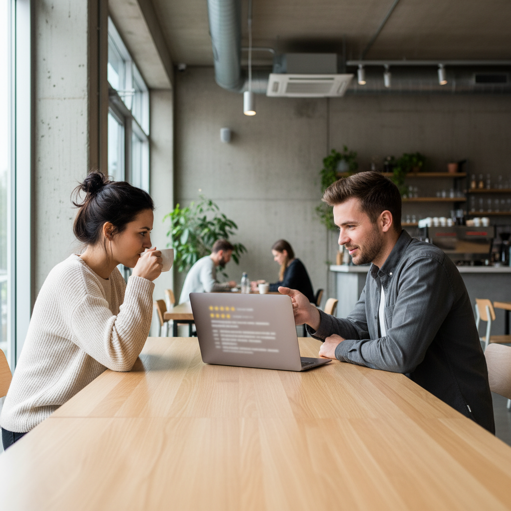 Two people looking at online reviews with star ratings on a laptop for a local business