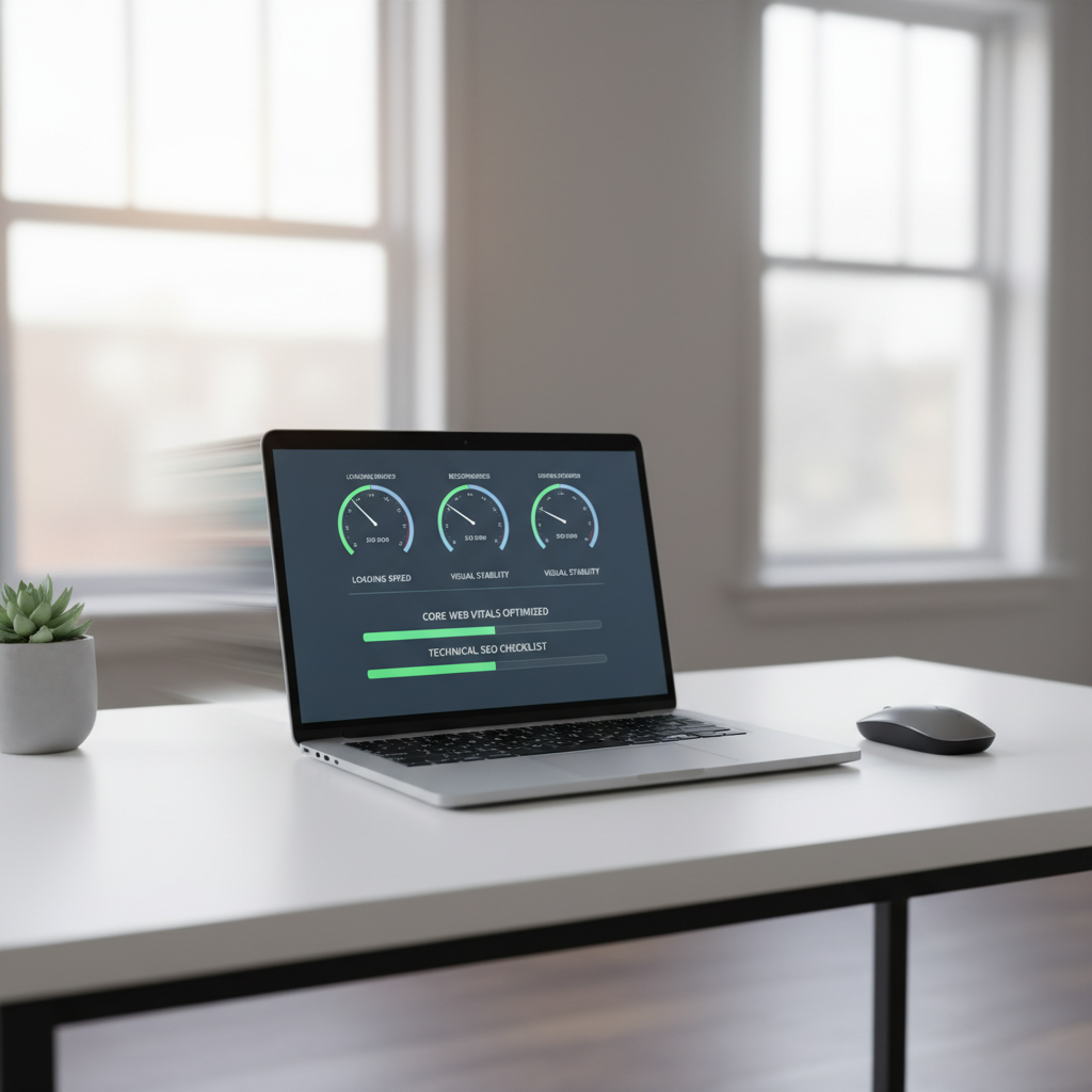 Laptop on a desk with a generic performance dashboard symbolizing site speed and Core Web Vitals in a technical SEO checklist