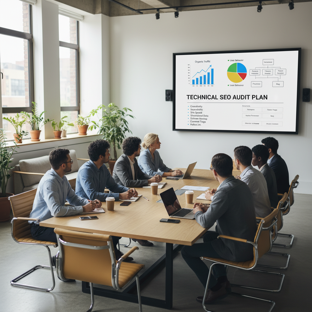 Marketing team reviewing a technical SEO checklist audit together in a conference room