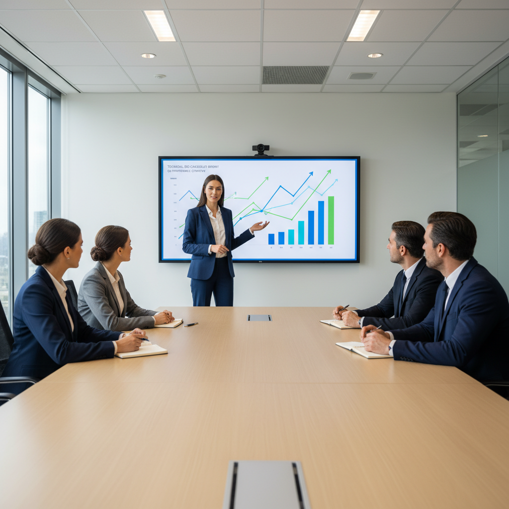 Marketing leader presenting technical SEO checklist results to executives in a conference room