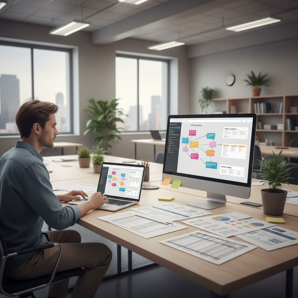 Marketer at a desk reviewing spreadsheets and a monitor while auditing content for SEO clusters