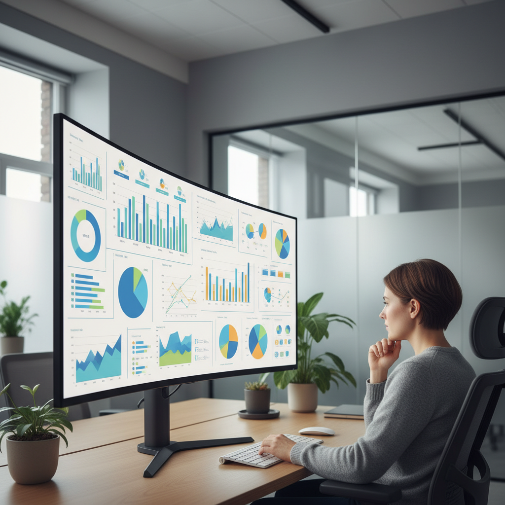 Person reviewing a large computer monitor that displays a generic analytics dashboard for SEO performance