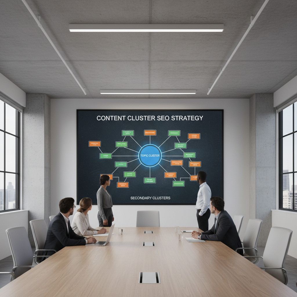 Marketing team reviewing a screen that visualizes an organized content cluster SEO strategy