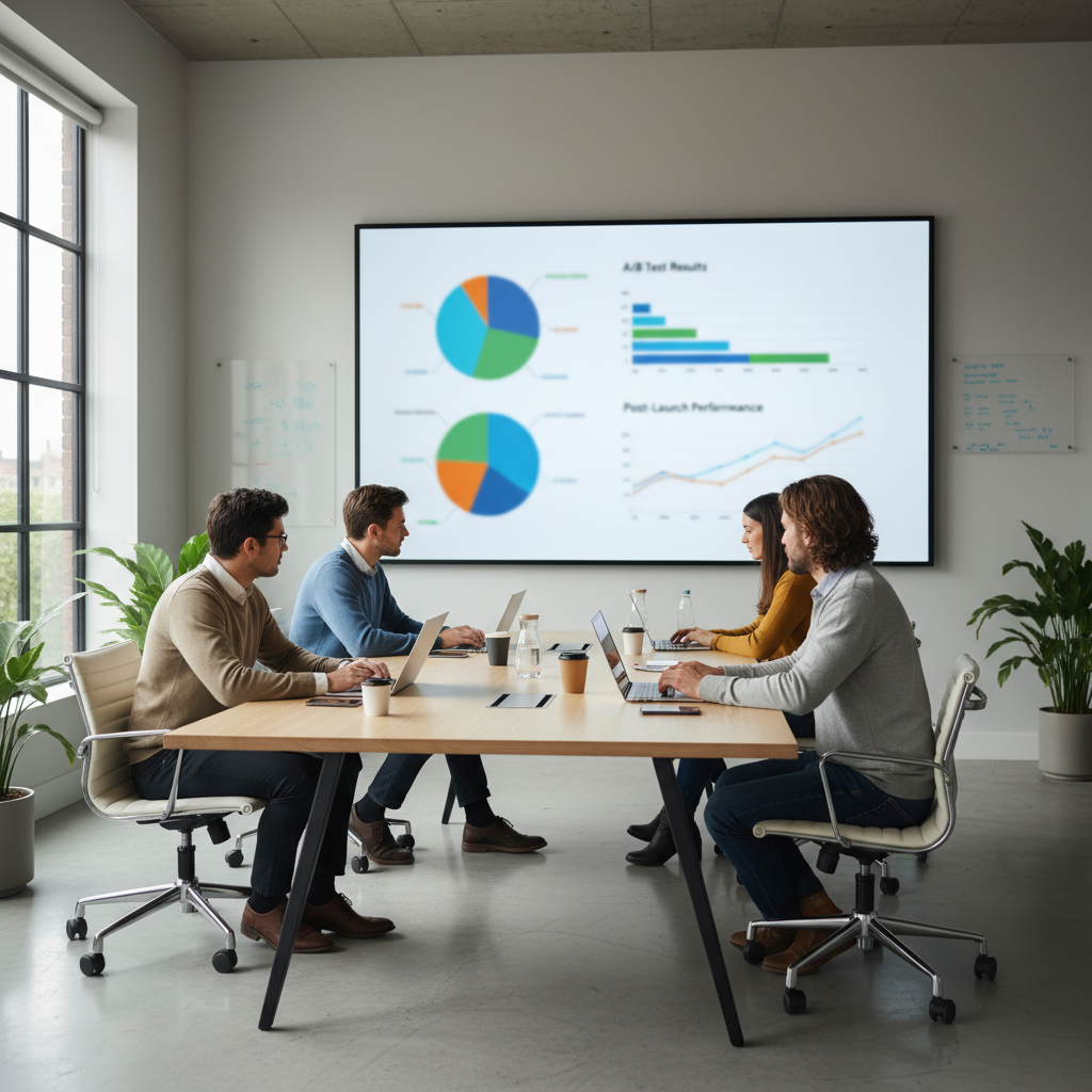 Digital team reviewing post-launch website test results on a large screen