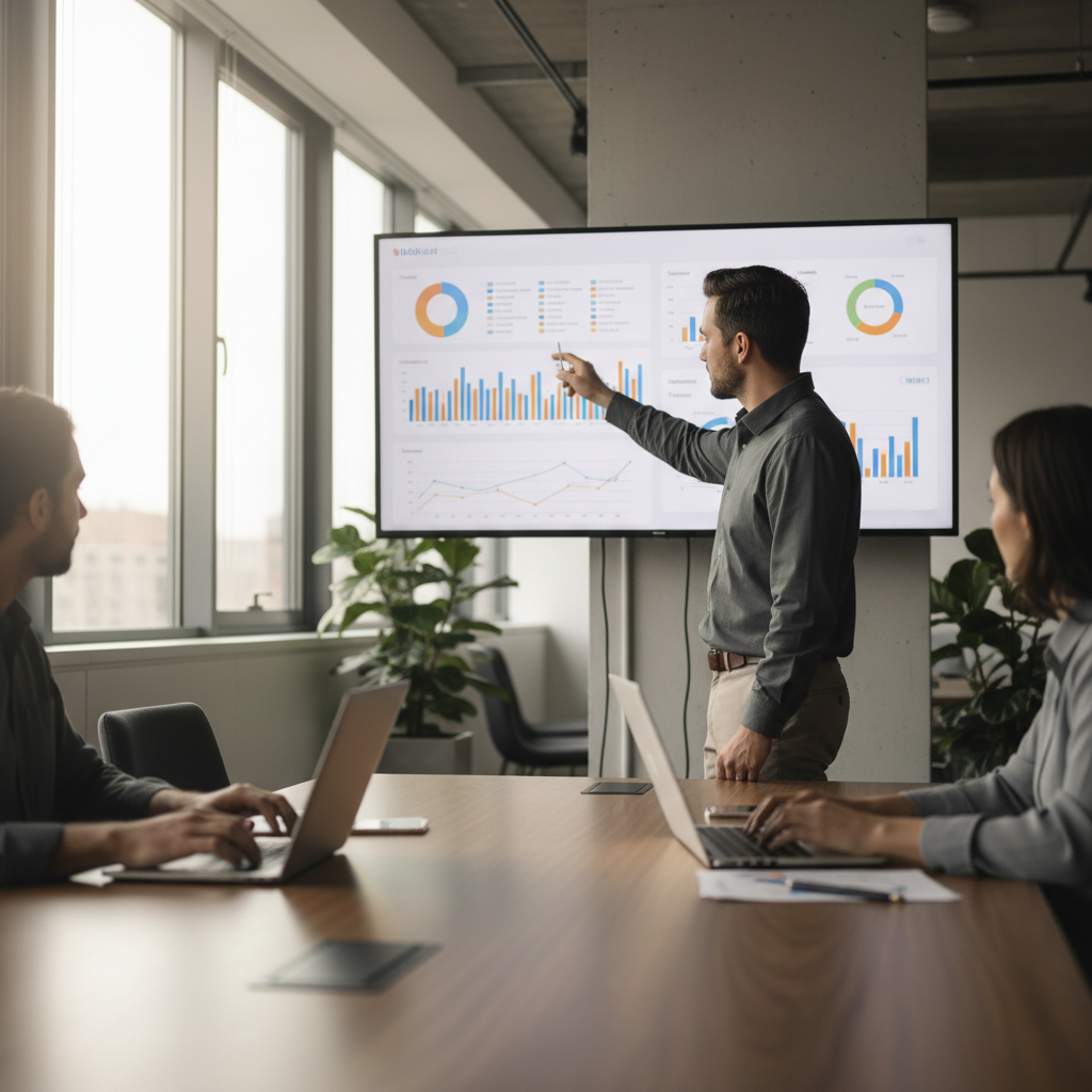 Team reviewing website analytics and conversion metrics on a large screen