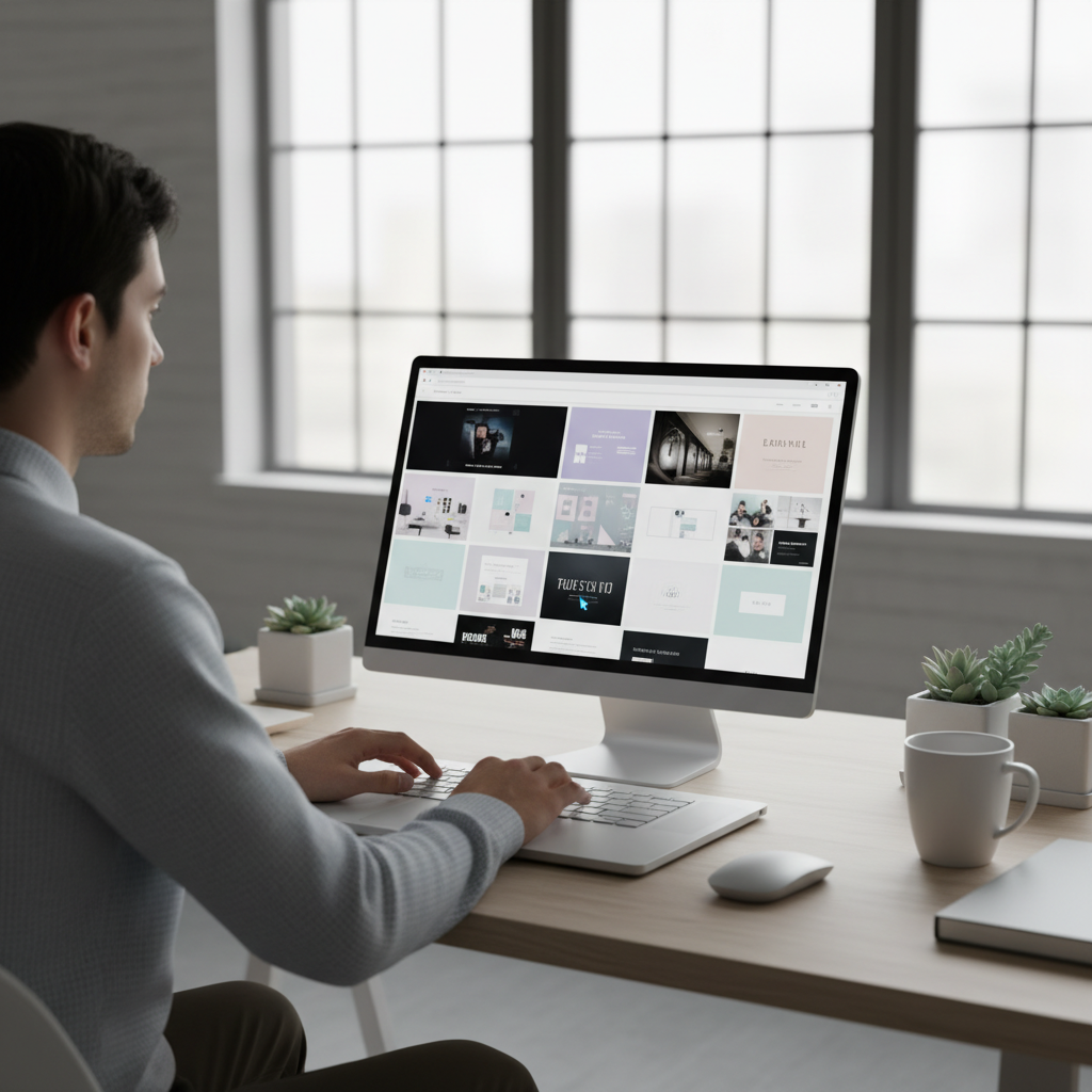 Person browsing a selection of website templates on a laptop in a clean workspace