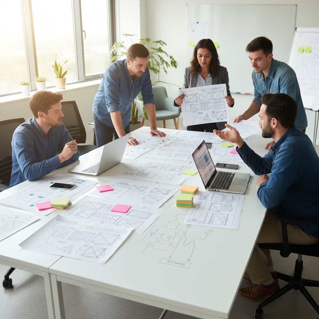 Team collaborating around a table with laptops and website wireframes for a custom website design