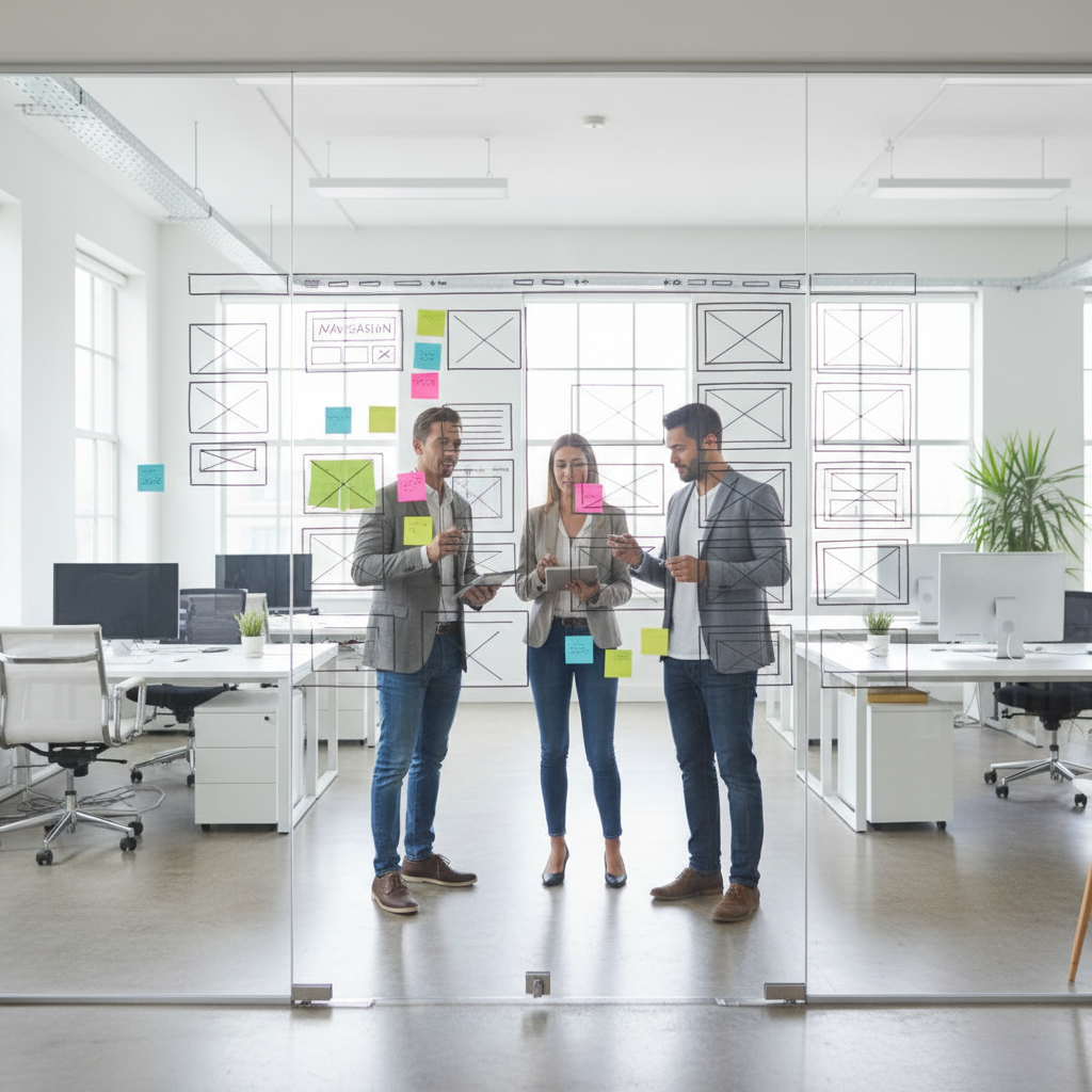 Creative team mapping out a website layout and user journey on a glass wall
