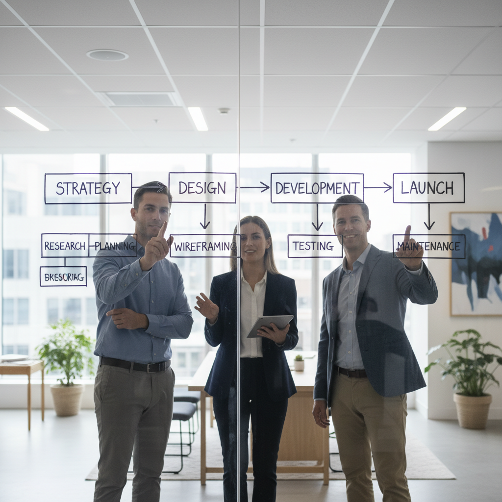 Team reviewing a website development process flow diagram on a whiteboard