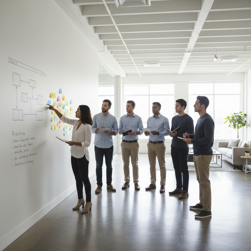 Team in a strategy workshop standing around a whiteboard and sticky notes planning a website roadmap