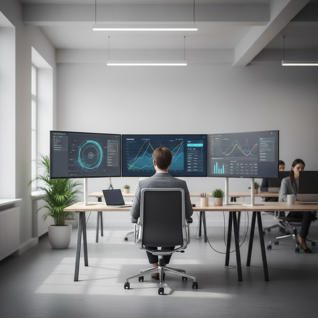 Marketing professional reviewing ROAS and revenue charts on multiple monitors