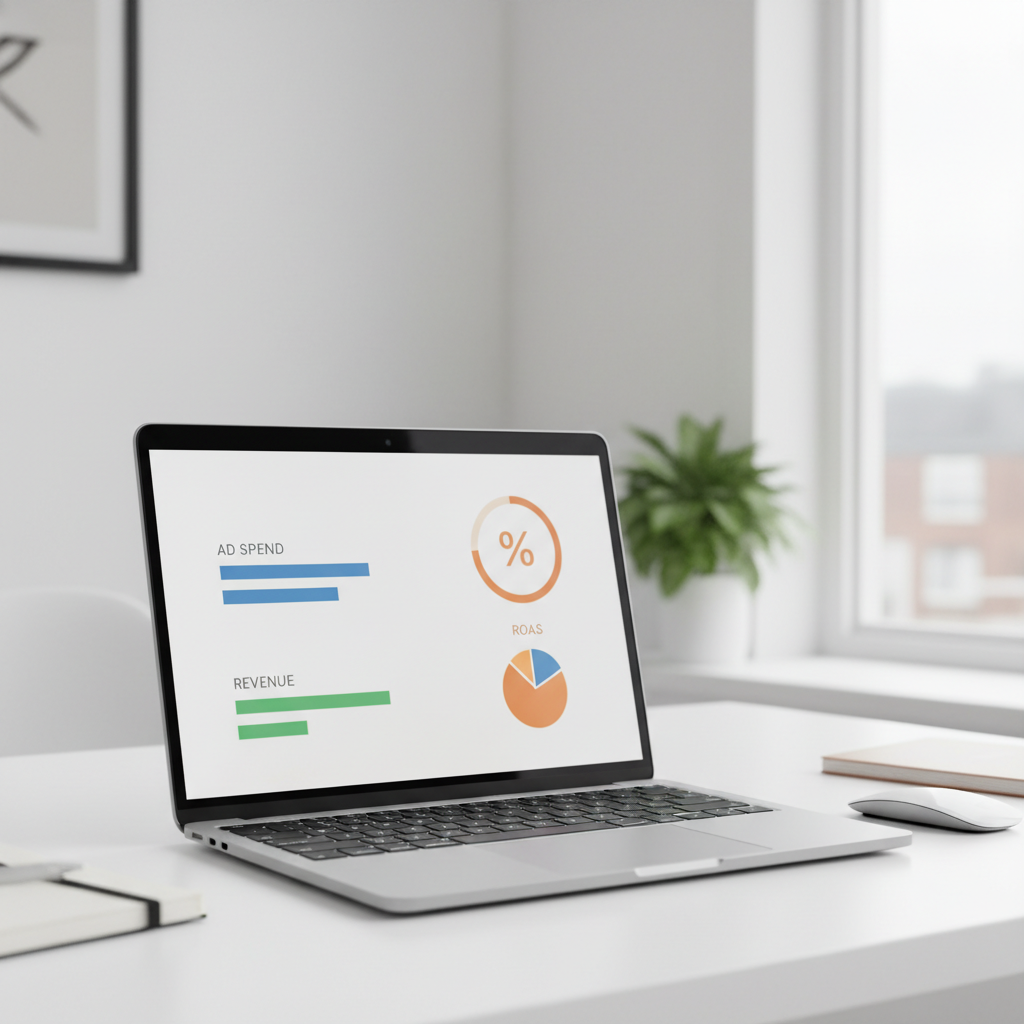 Laptop on a desk showing a simplified ROAS formula dashboard with spend and revenue charts