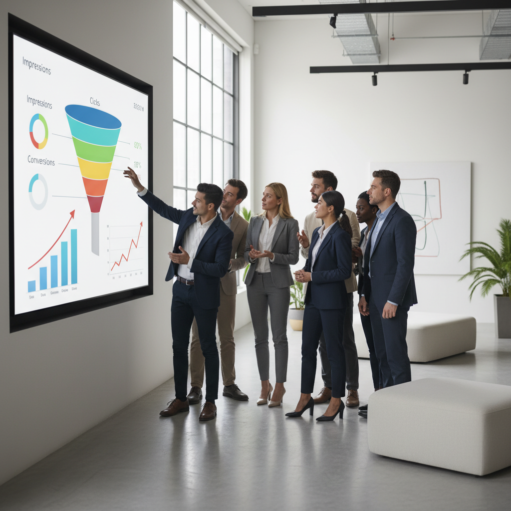 Marketing team reviewing a performance marketing funnel on a large screen
