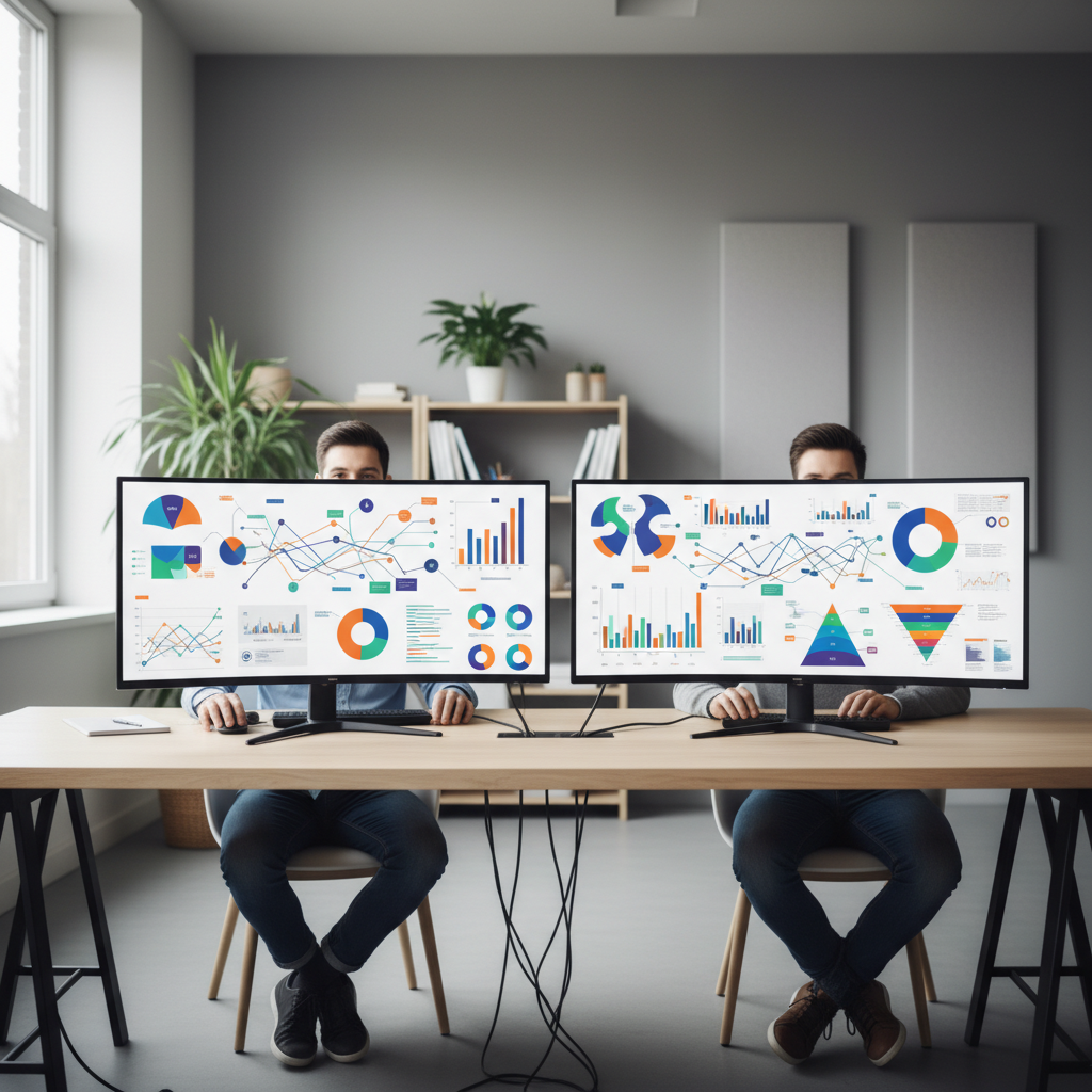 Digital marketers analyzing performance marketing funnel metrics on multiple screens