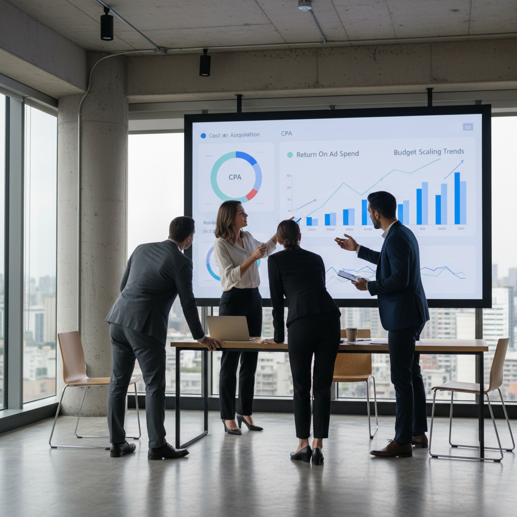 Marketing team reviewing ad performance dashboards to plan how to scale ads without burning budget