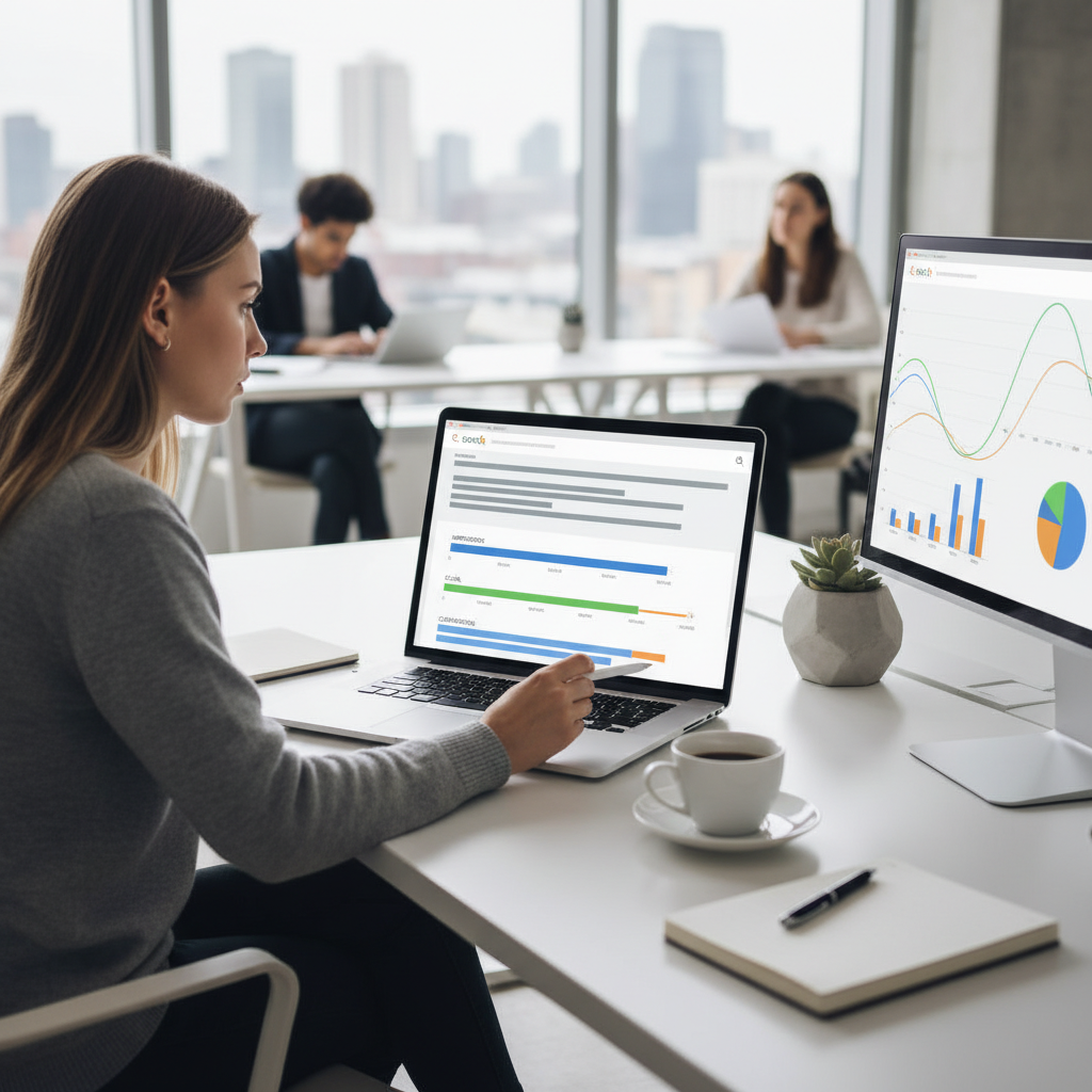 Person managing search ad campaigns on a laptop with performance charts visible from a distance