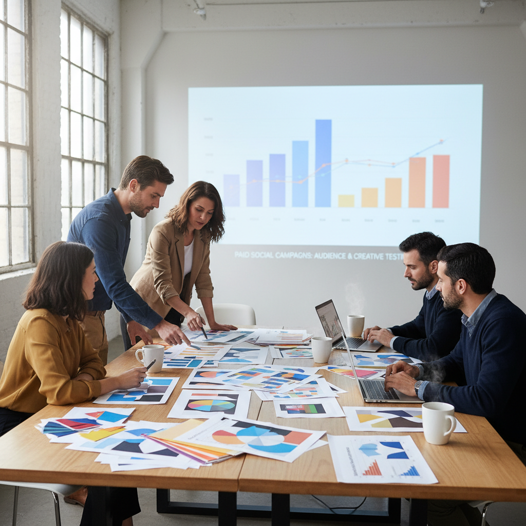 Creative marketing team reviewing ad concepts and performance charts in a collaborative workspace