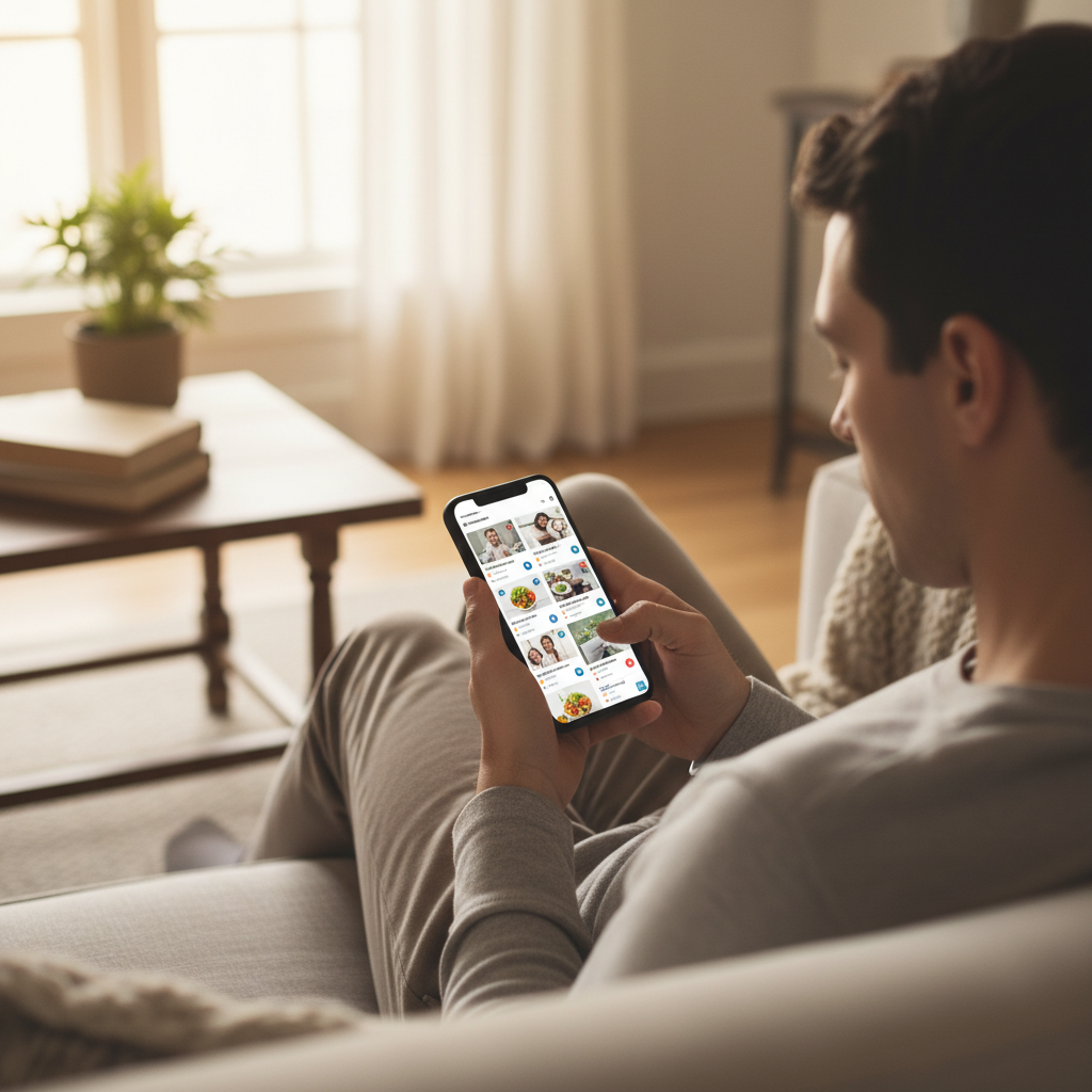 Person scrolling a social media feed filled with similar sponsored posts