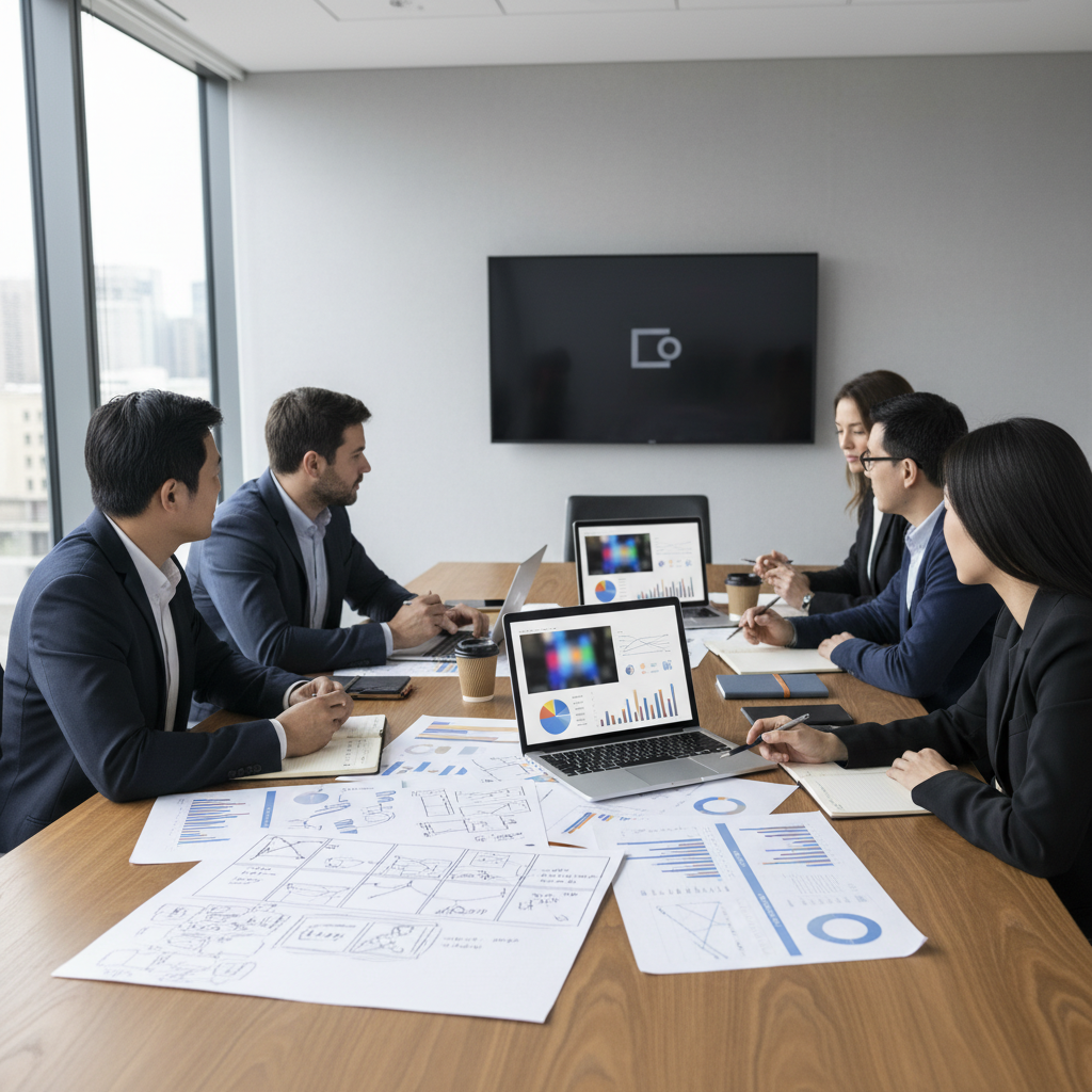 Marketing team reviewing a storyboard and budget for a corporate video project