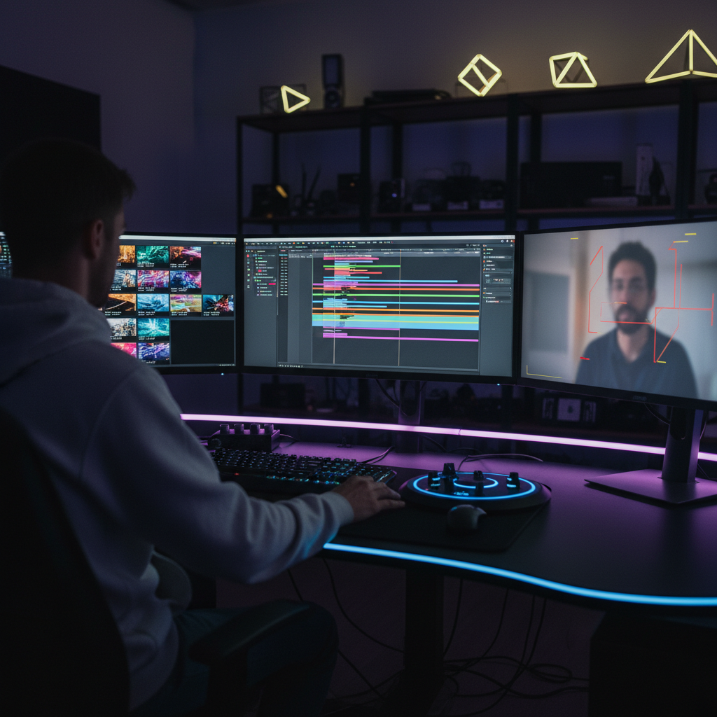 Video editor reviewing a marketing video on a multi-monitor editing setup