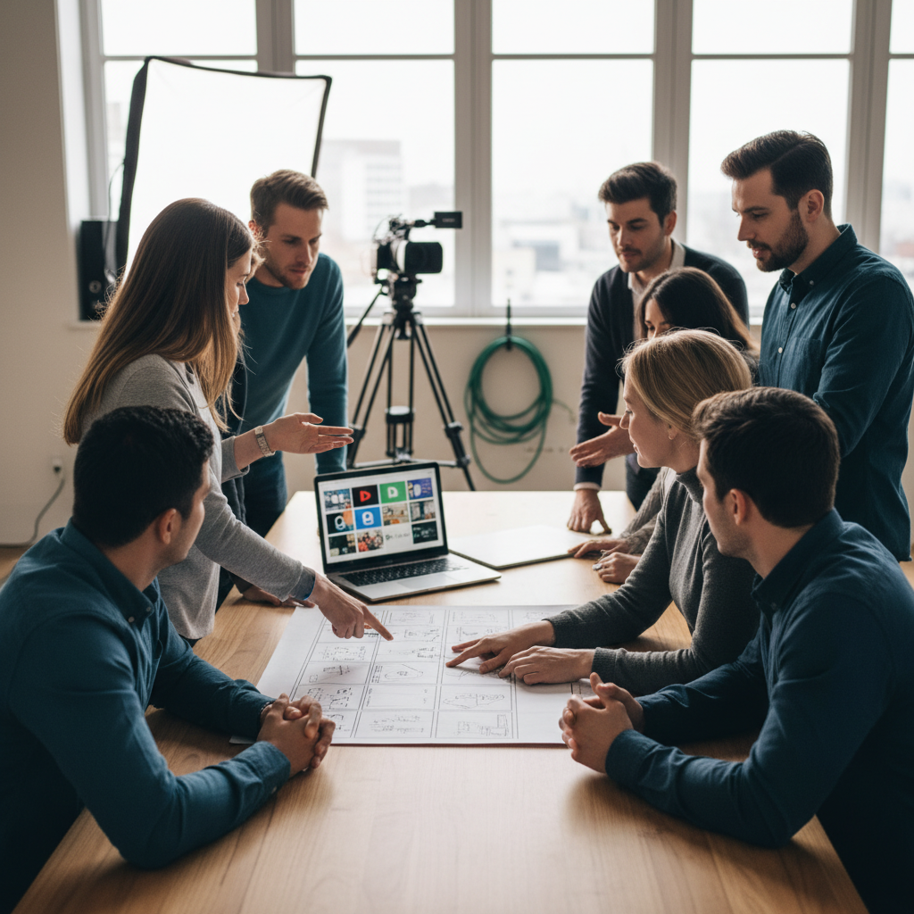 Marketing team and video crew planning a video production process around a table