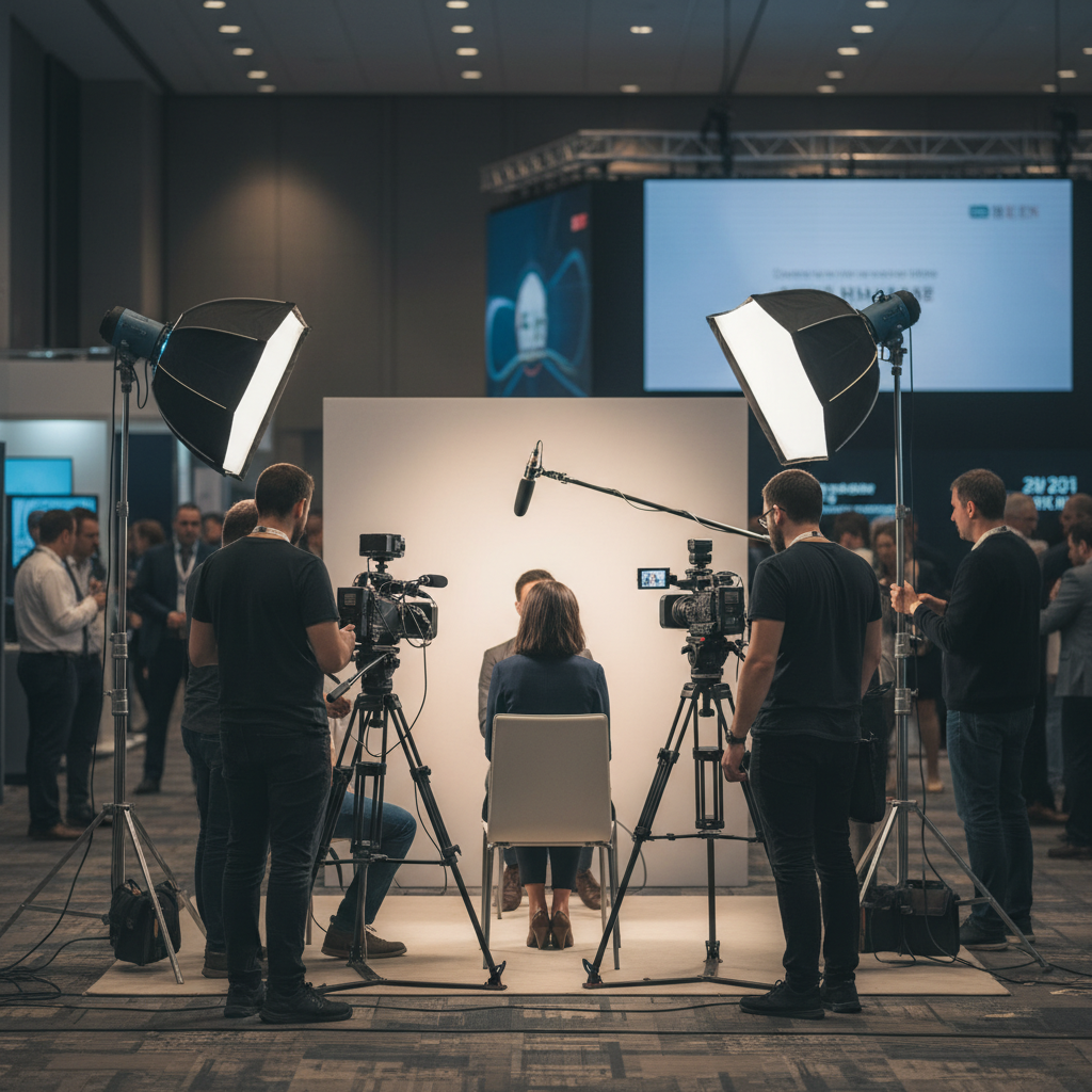 Professional video crew recording an interview setup at a corporate event