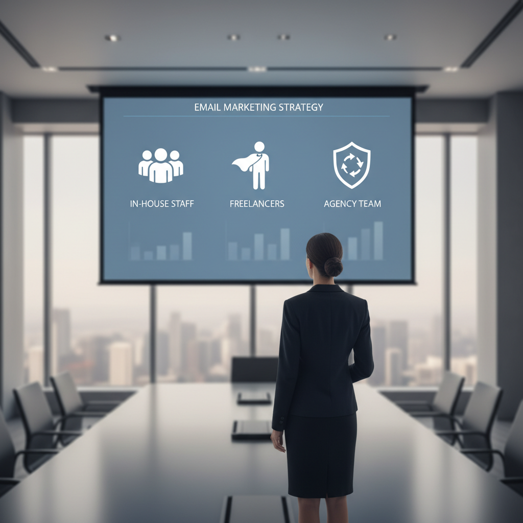 Marketing leader reviewing options for in-house staff, freelancers, and an agency team on a large screen
