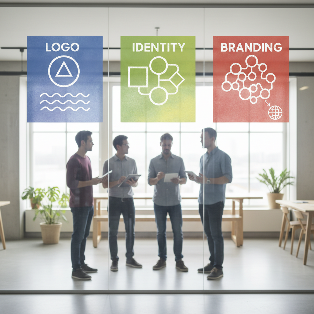 Creative team reviewing a whiteboard that outlines the logo, identity, and branding stack