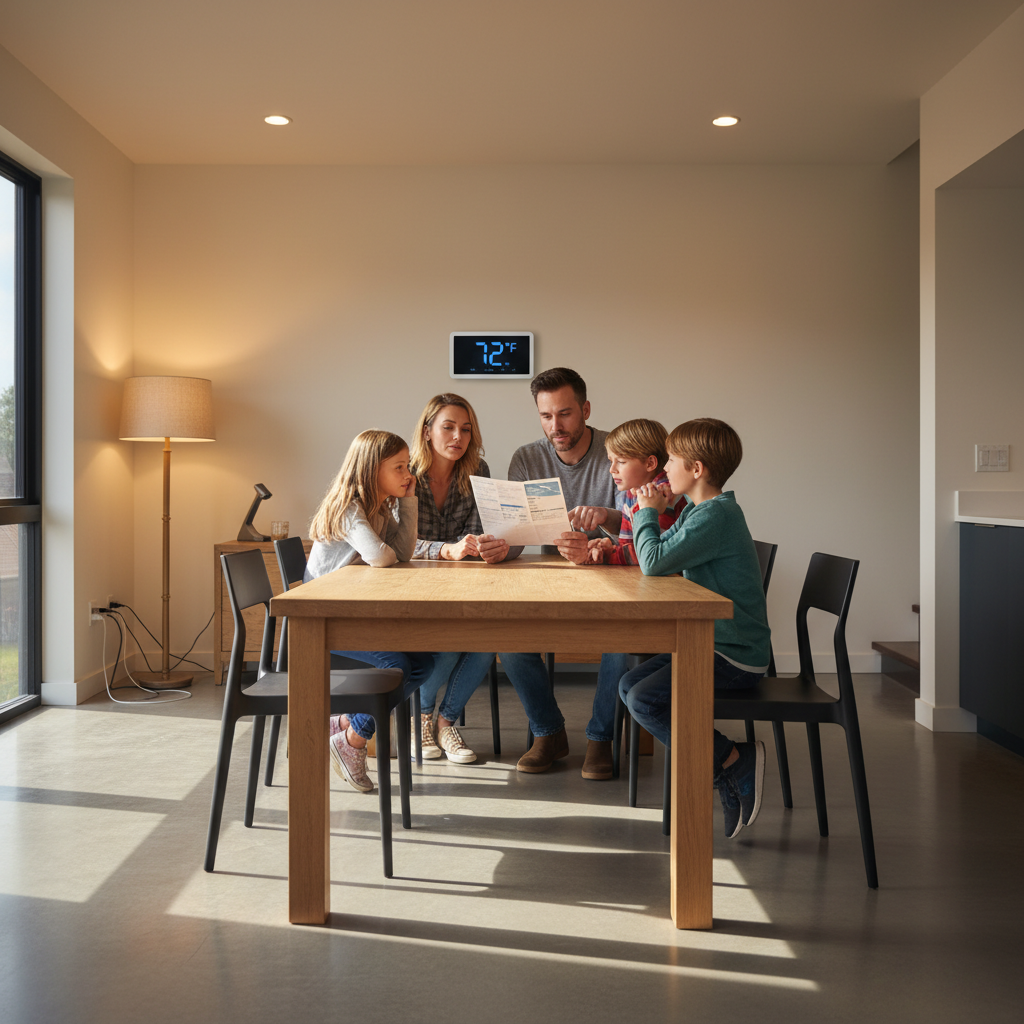 Family in a modern home reviewing a household bill at the kitchen table, representing a utility clarifying its promise to residents.