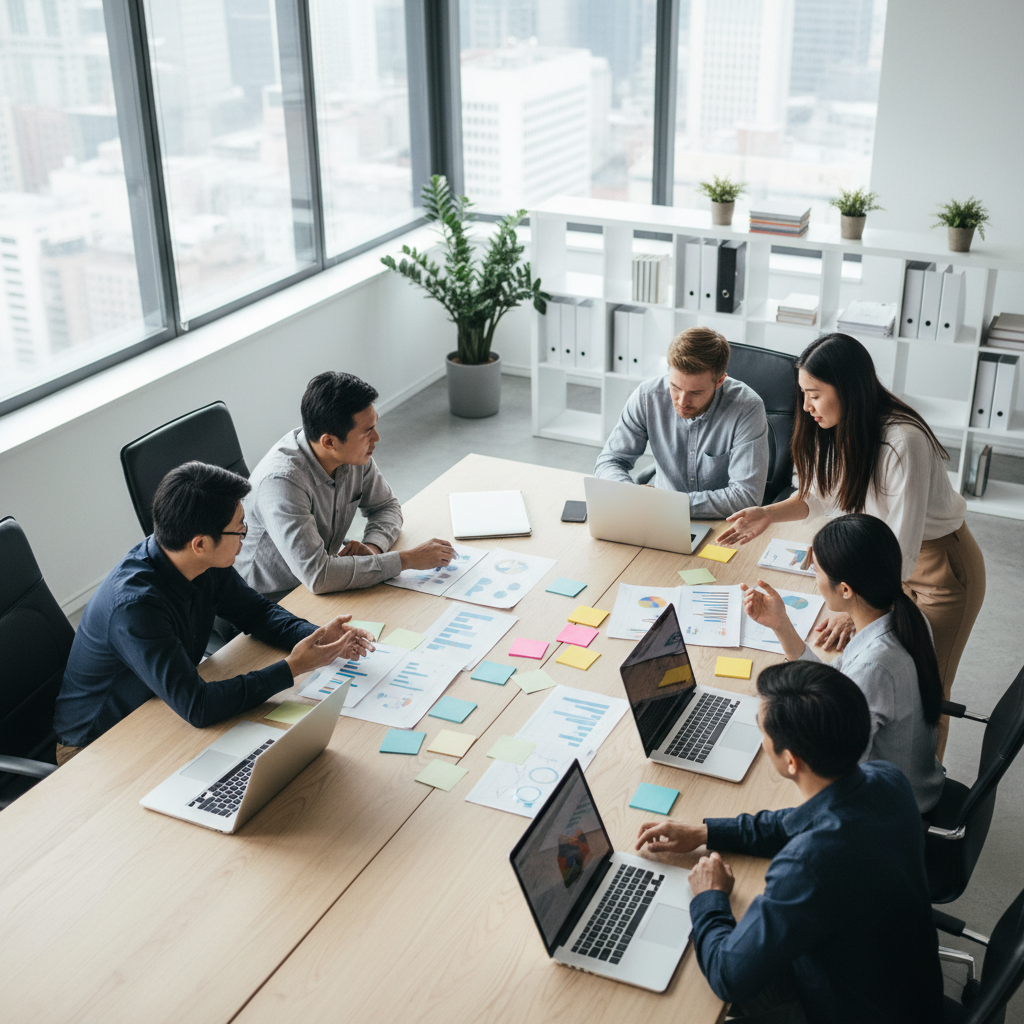 Marketing team around a table with laptops and charts collaborating on a brand positioning strategy.