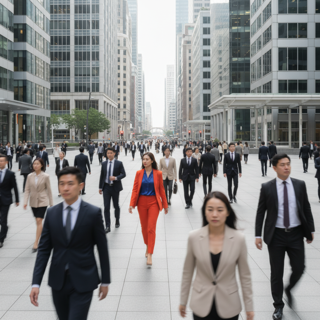 Business professional in bright clothing standing out among a crowd in a busy business district, symbolizing clear brand positioning in a crowded market.