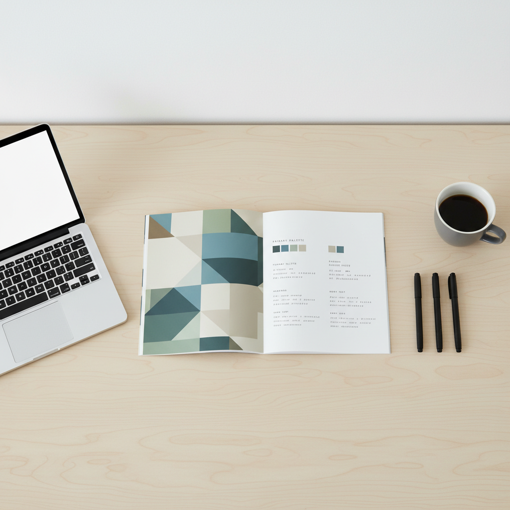 Brand guidelines booklet with color swatches and typography samples on a desk