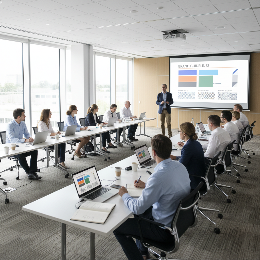 Team workshop reviewing brand guidelines on a presentation screen