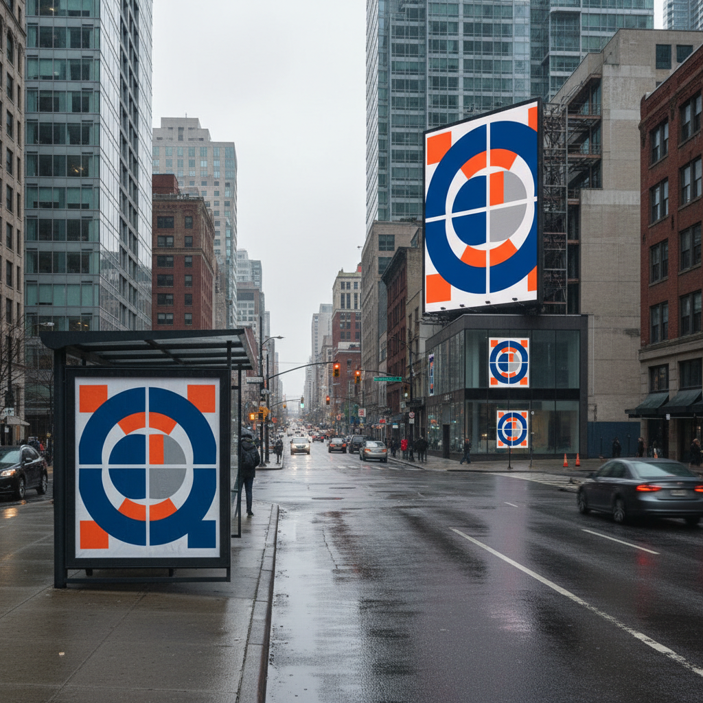 City street with multiple coordinated ads using the same brand look