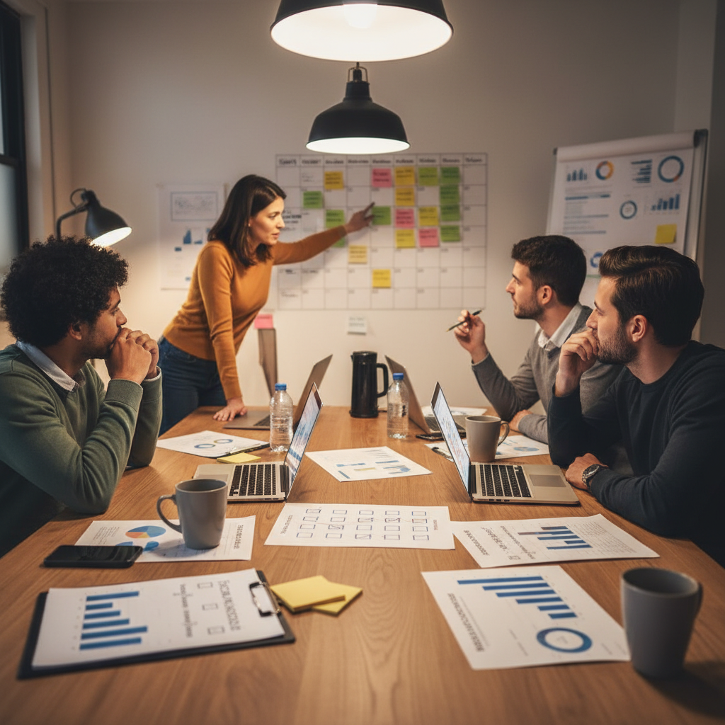 Small marketing team planning a semantic SEO implementation roadmap around a table