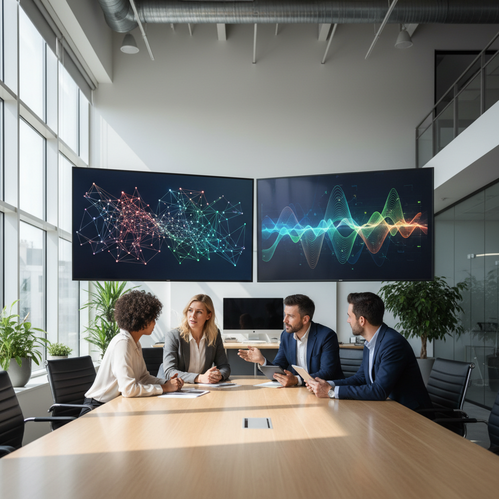 Marketing team collaborating around screens with abstract graphs representing semantic SEO