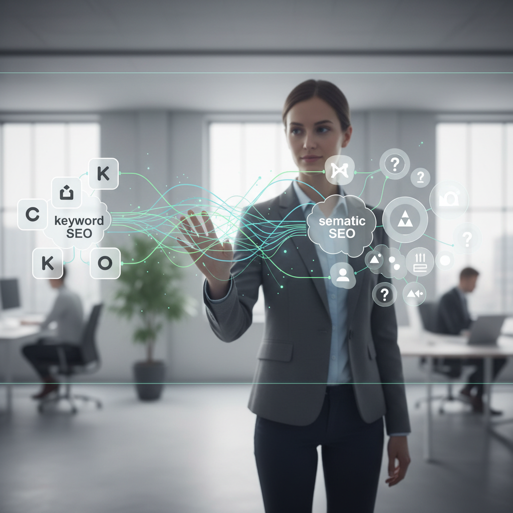 Marketing professional viewing abstract topic clusters and search results visualizing semantic SEO