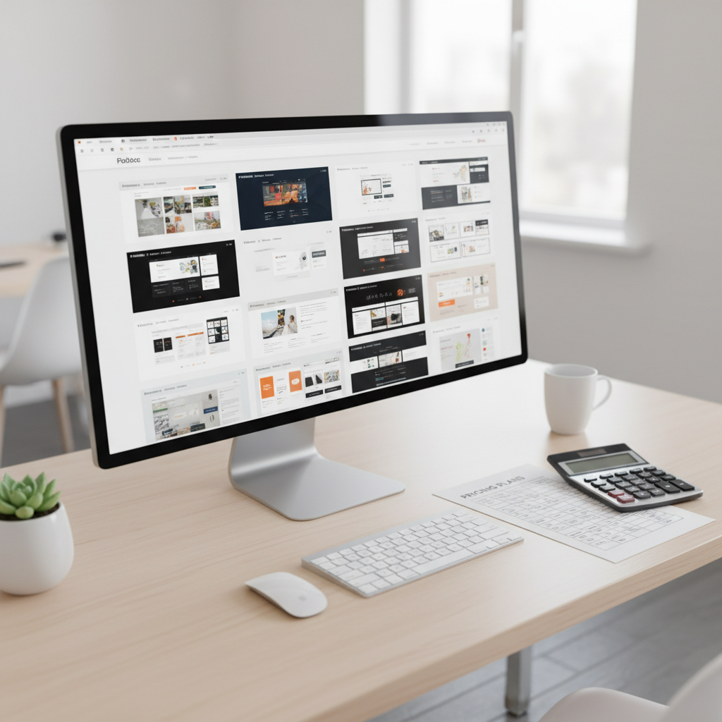 Desktop workspace with website layouts on a monitor and a printed pricing chart beside a calculator