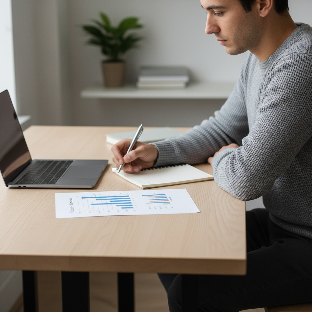 Small business owner at a desk reviewing website project numbers and an ROI chart