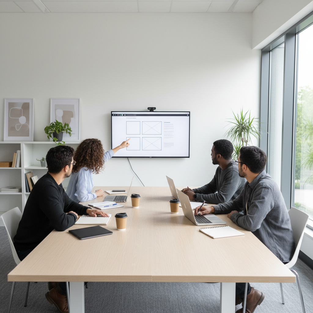 Web design team collaborating around a table with laptops and a website wireframe on a screen