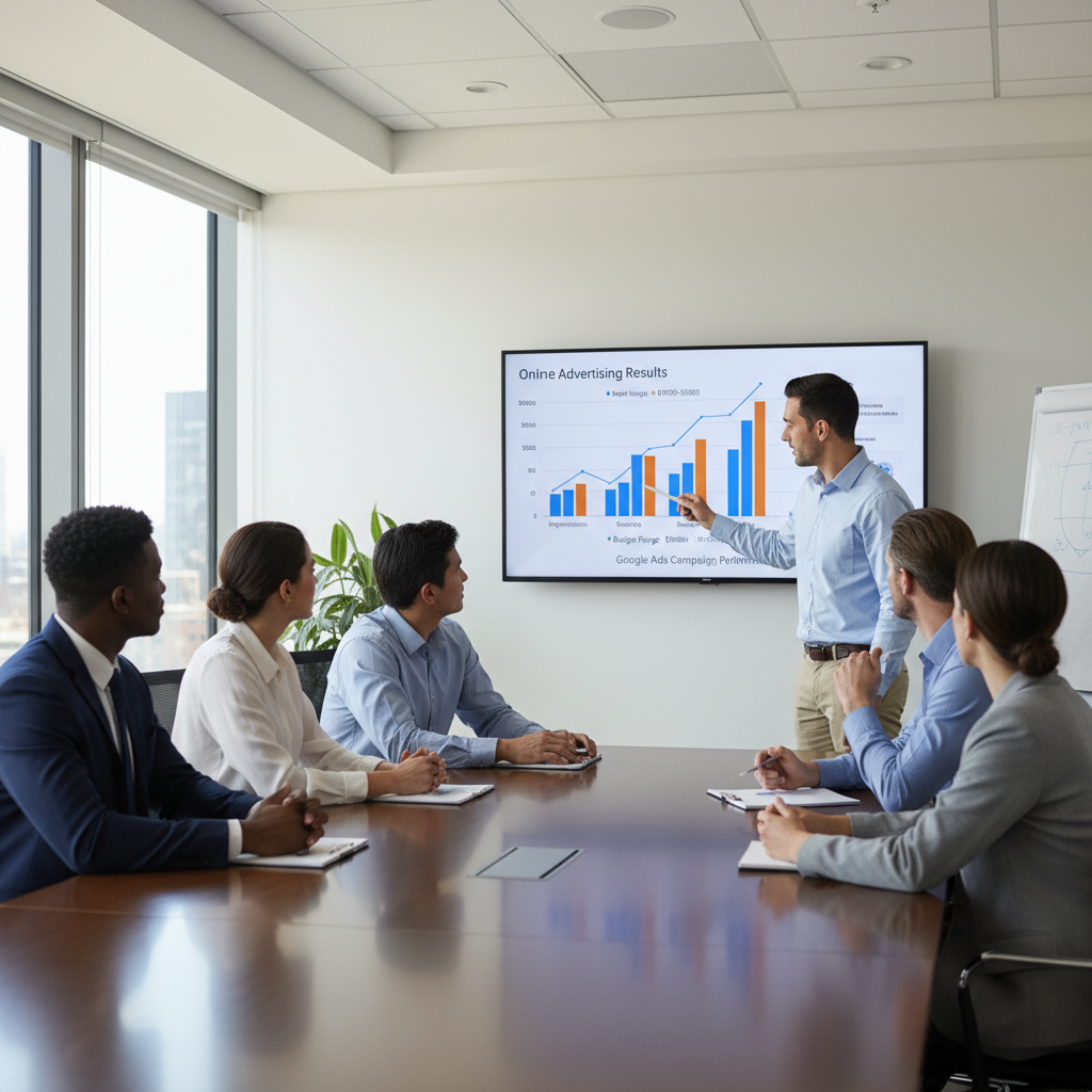Marketing team reviewing advertising performance charts on a large screen in a conference room