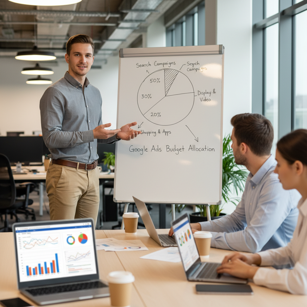 Marketer presenting a pie chart of budget allocation on a whiteboard to colleagues with laptops open