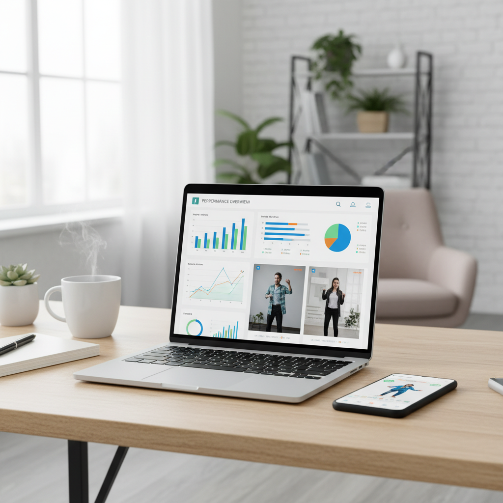 Laptop with an analytics dashboard next to a phone showing short form content thumbnails