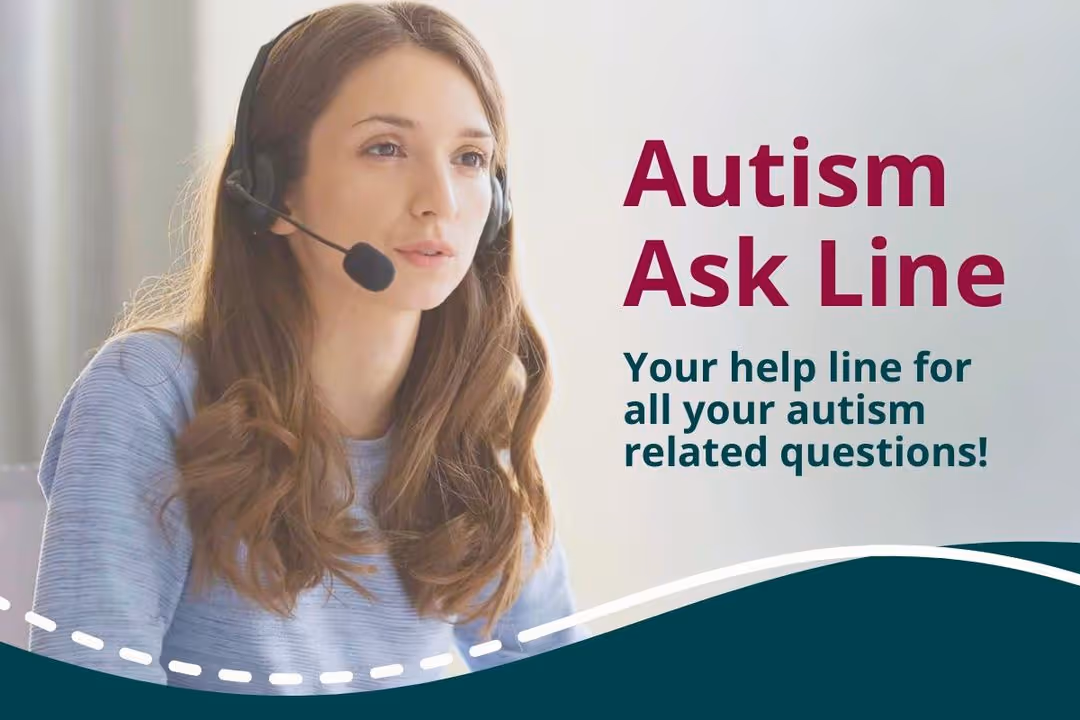 A woman wearing a headset with the words autism ask line