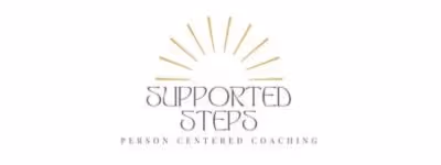 Logo with golden rays above the text 'Supported Steps' and 'Person Centered Coaching' underneath.
