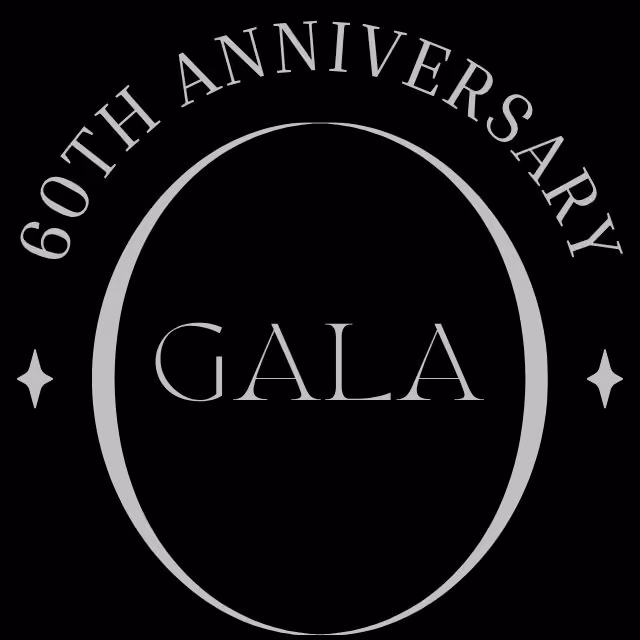 Silver text on black reading 60th Anniversary Gala inside a silver oval with decorative stars.