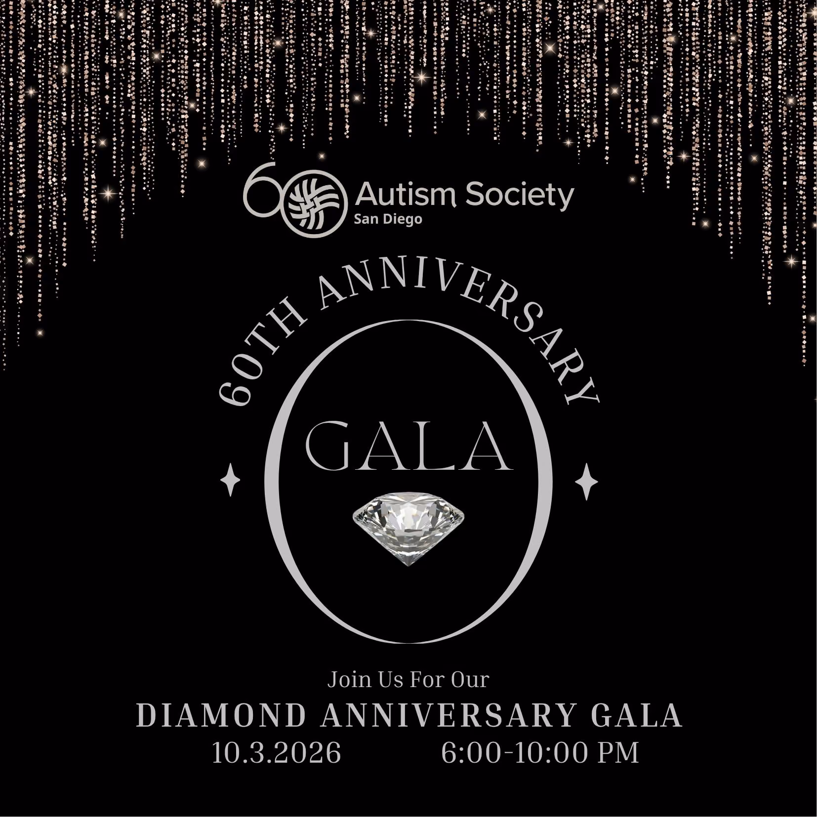 Autism Society San Diego 60th Anniversary Diamond Gala invitation with hanging silver lights and diamond image.