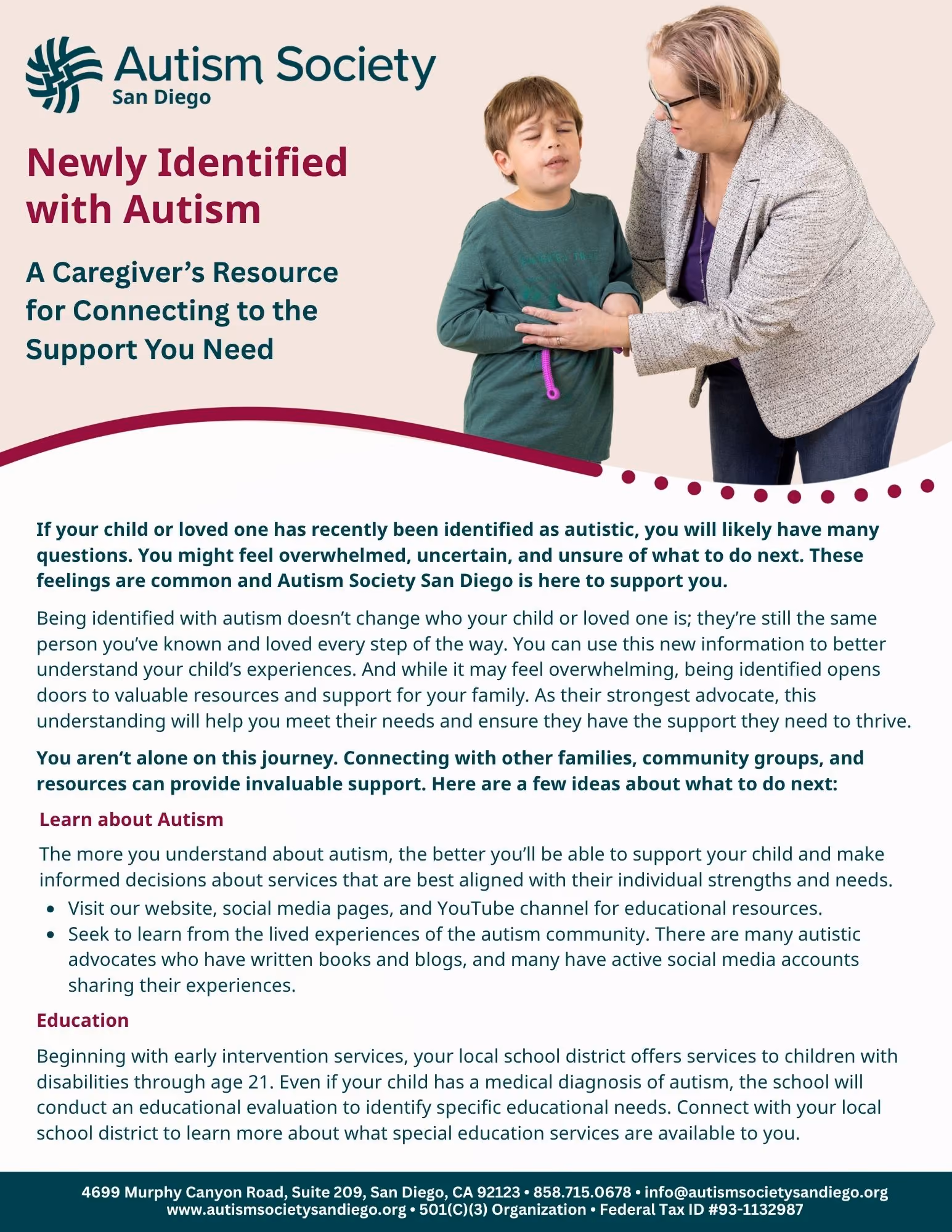 Autism Society San Diego caregiver guide with photo of woman comforting upset boy.