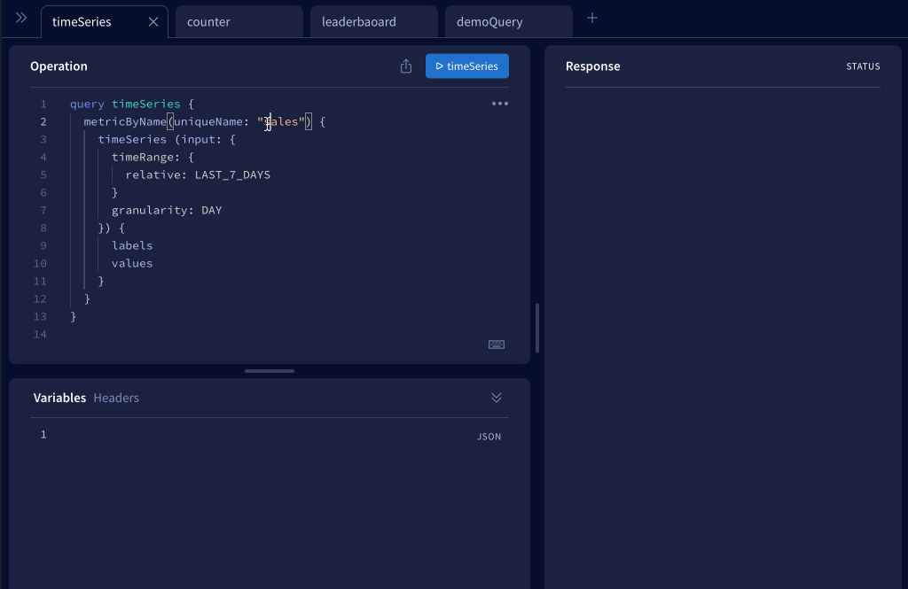 An animated screen capture of Propel’s GraphQL Explorer, showing exactly how to query a Metric using the GraphQL API with various time granularities and filters.